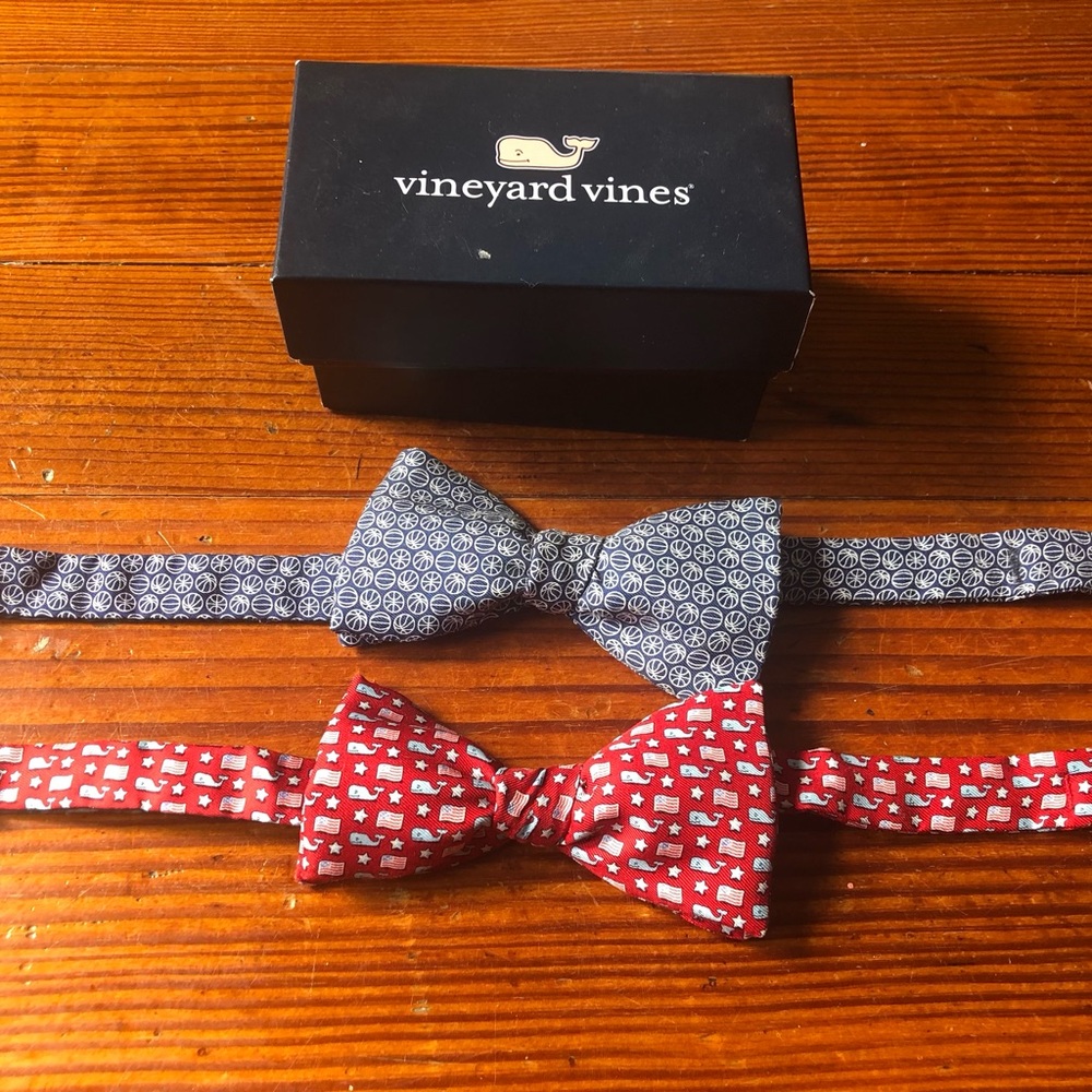 2 Vineyard Vines adjustable Bow Ties, basketball and USA flag whale.